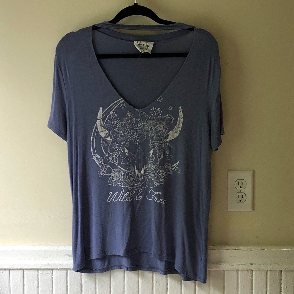 Boutique V Neck Cut Out Graphic Relaxed Tee Shirt